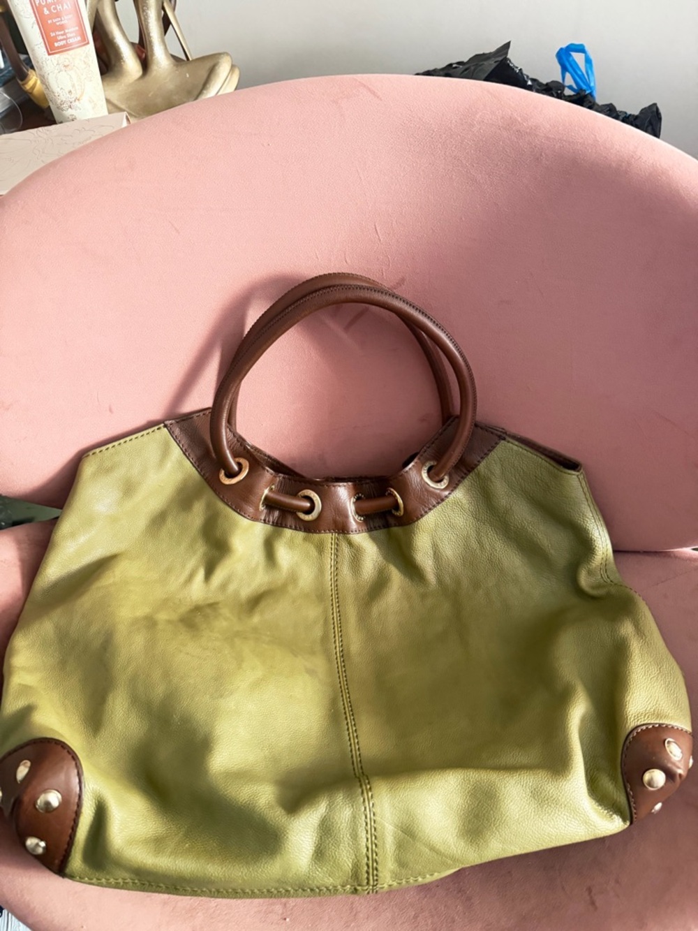 Michael Kors Olive Green Leather Tote with Brown Trim